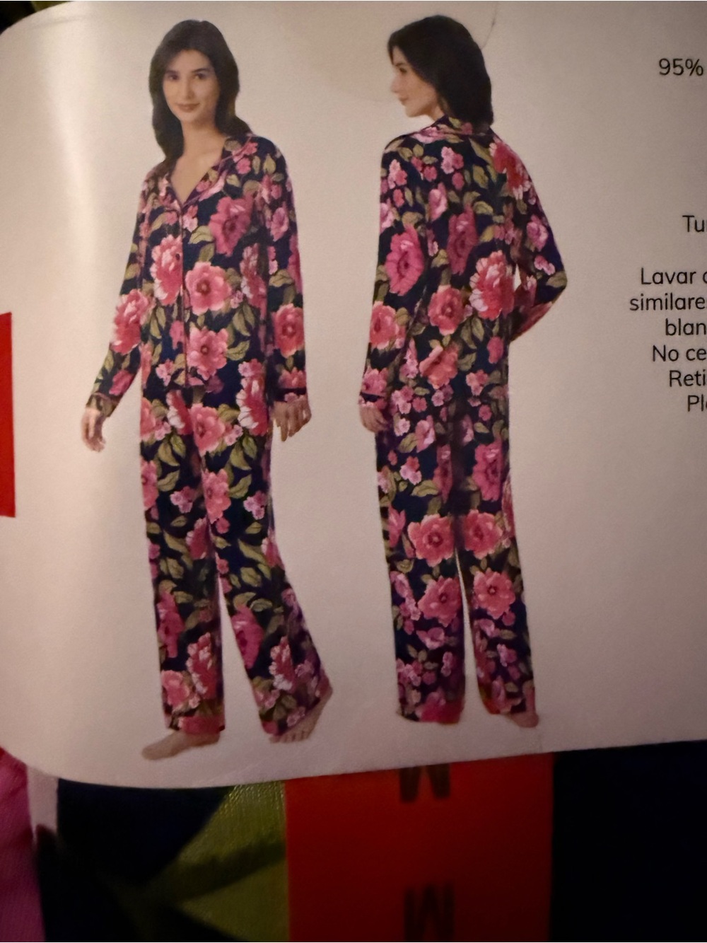 Women's Long-Sleeve Floral Button-Front Pajama Set in Pink on Black